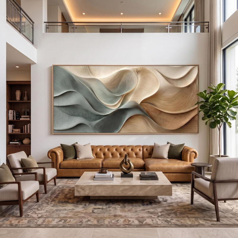"Dusty Blue Beige Heavy‑Texture Wave" - Modern Heavy Impasto Ocean Wave Seascape | Beige Palette Knife Painting | Luxury Horizontal Wall Art #PT 2599