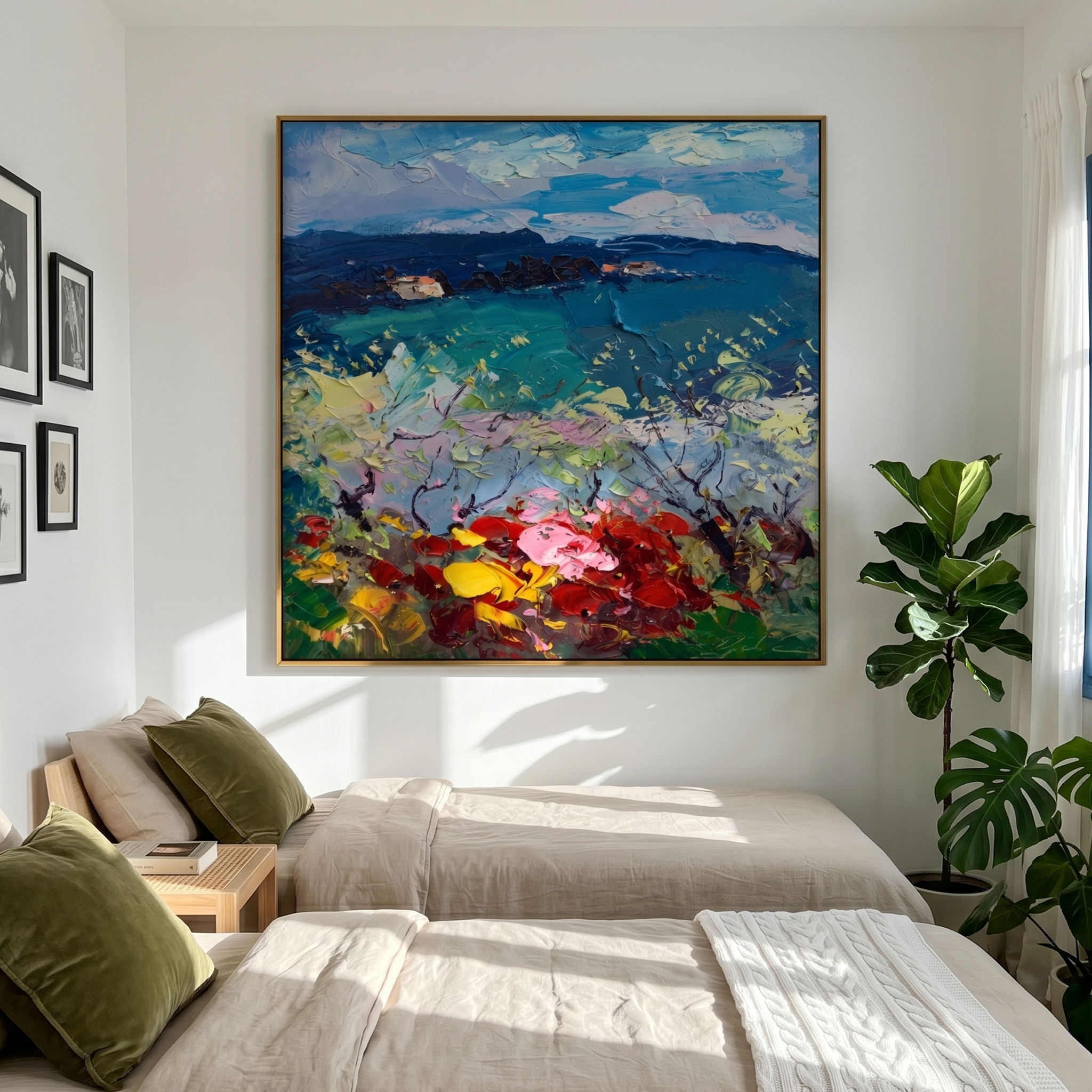 "Mediterranean Floral Vista" – Modern Heavy Impasto Impressionist Landscape | 3D Vivid Azure & Crimson Palette Knife Painting | Luxury Square Wall Art #PT 567