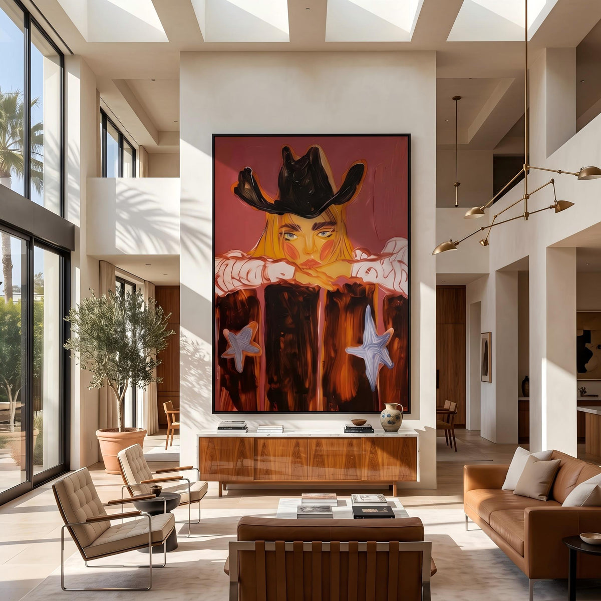 "Western Cowboy Girl" - Modern Heavy Impasto Western Animal Artwork | Orange Palette Knife Painting | Luxury Vertical Wall Art #PT 2647