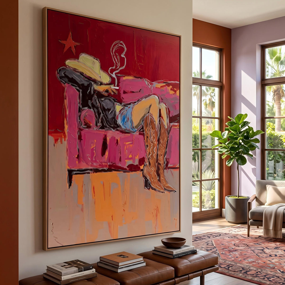 "Couch Western Cowgirl" - Modern Heavy Impasto Western Animal Artwork | Pink Palette Knife Painting | Luxury Vertical Wall Art #PT 2653