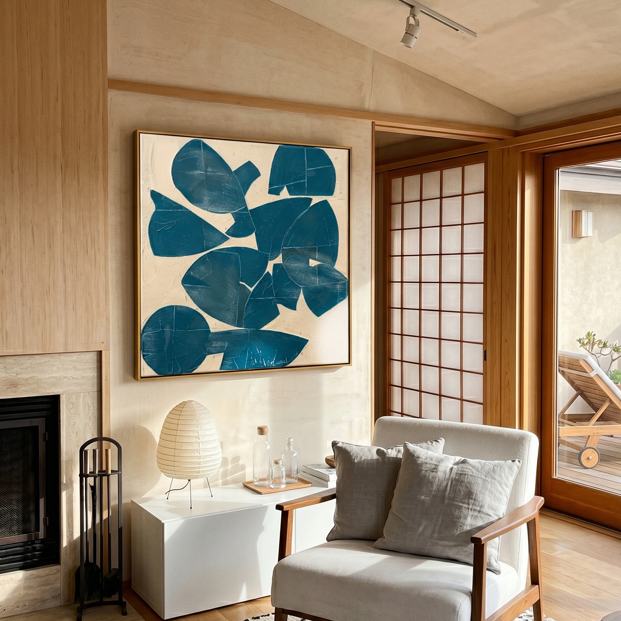"Deep Blue Narrative" – Mid-Century Modern Geometric Collage | Minimalist Prussian Blue Textured Statement Art #AB1021