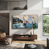"Azure Coastal Current" is a 100% hand-painted seascape created with professional oil and acrylic paints on high-quality canvas. Its blue & white palette and visible textured strokes give every piece authentic handmade variation and tactile depth.