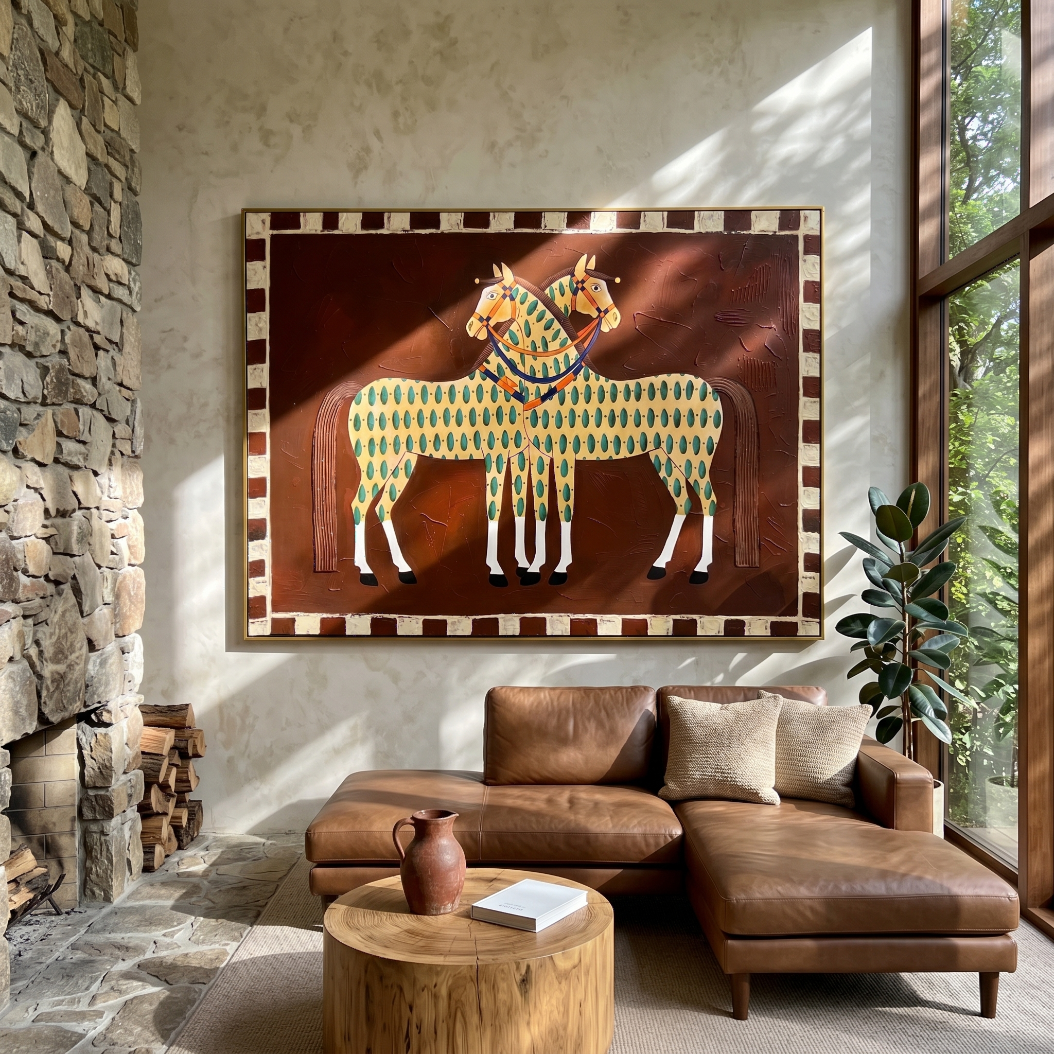 "Paired Folk Patterned Equines" – Modern Heavy Impasto Primitive Equestrian Figurative | 3D Russet Brown & Soft Sage Palette Knife Painting | Luxury Horizontal Wall Art #AN 151
