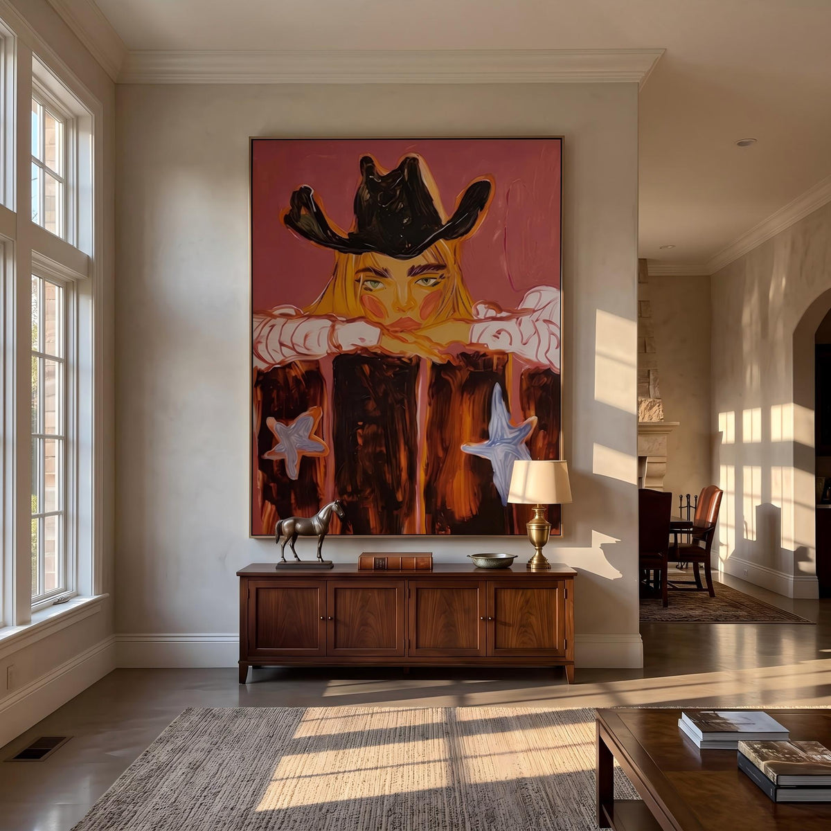 "Western Cowboy Girl" - Modern Heavy Impasto Western Animal Artwork | Orange Palette Knife Painting | Luxury Vertical Wall Art #PT 2647
