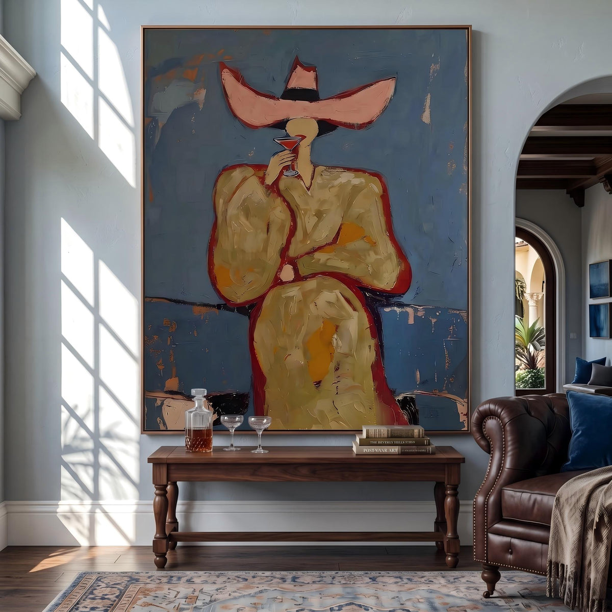 "Pink cowboy hat woman drinking cocktail" - Modern Heavy Impasto Western Animal Artwork | Golden & Orange Palette Knife Painting | Luxury Vertical Wall Art #PT 2643