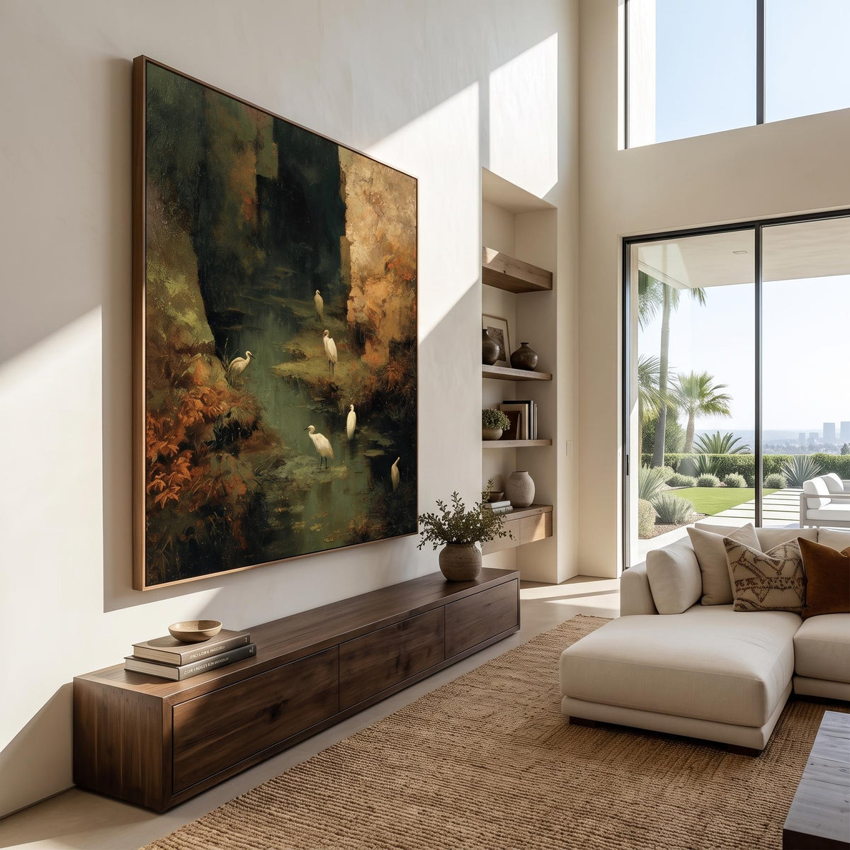 "Wetland Egret" - Modern Heavy Impasto Abstract Artwork | Golden Palette Knife Painting | Luxury Vertical Wall Art #PT 2617