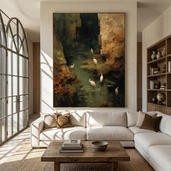"Wetland Egret" - Modern Heavy Impasto Abstract Artwork | Golden Palette Knife Painting | Luxury Vertical Wall Art #PT 2617