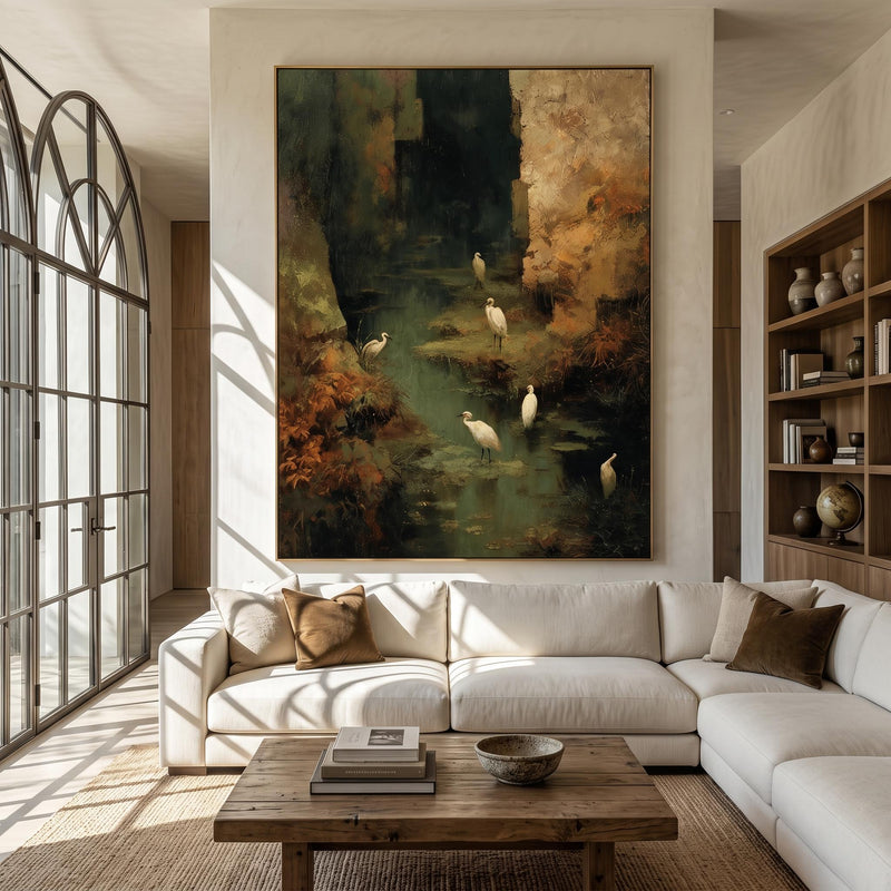 "Wetland Egret" - Modern Heavy Impasto Abstract Artwork | Golden Palette Knife Painting | Luxury Vertical Wall Art #PT 2617