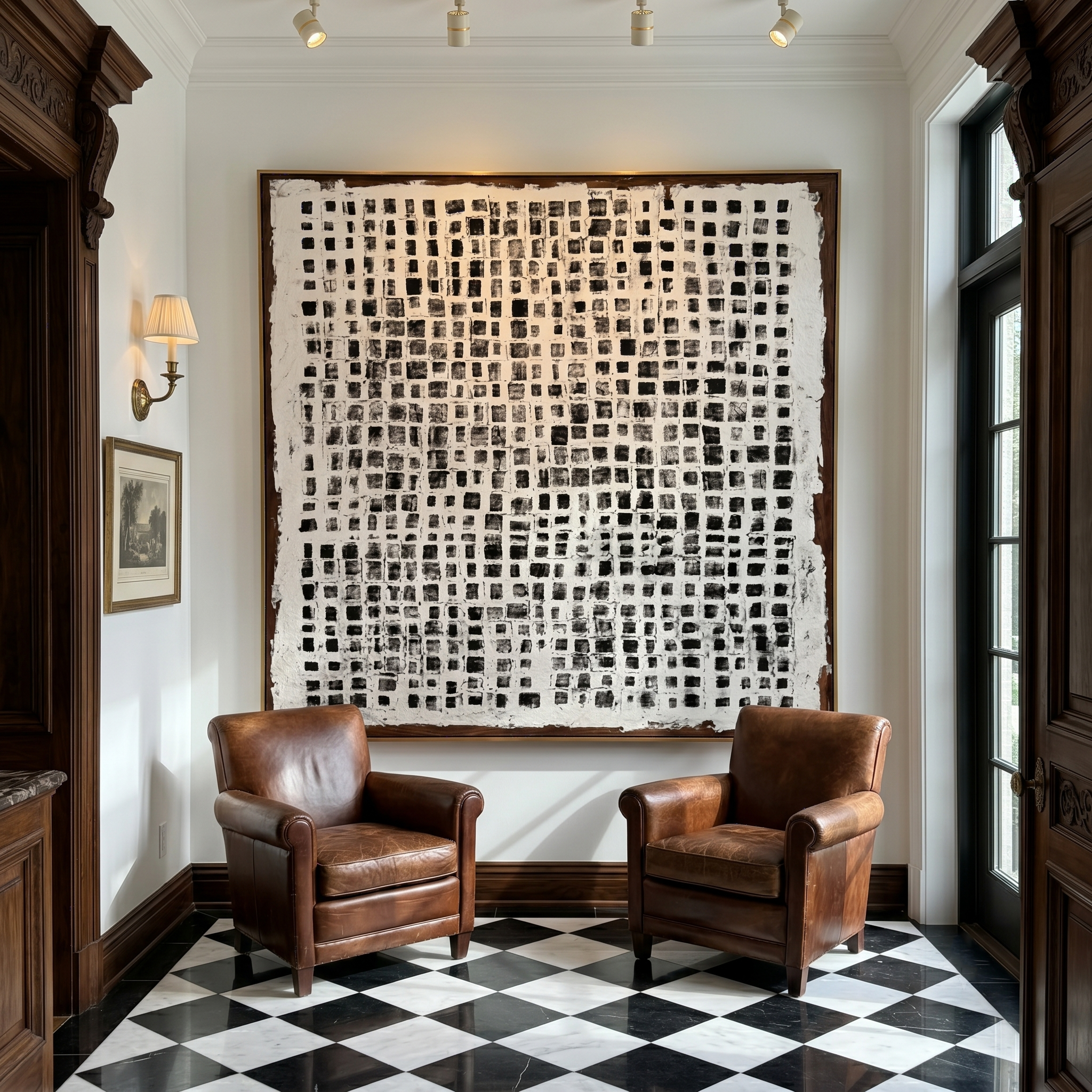 "Vintage Ink Grid" - Modern Heavy Impasto Minimal Geometric Art | 3D Charcoal Black & Off-White Palette Knife Painting | Luxury Square Wall Art #WS259