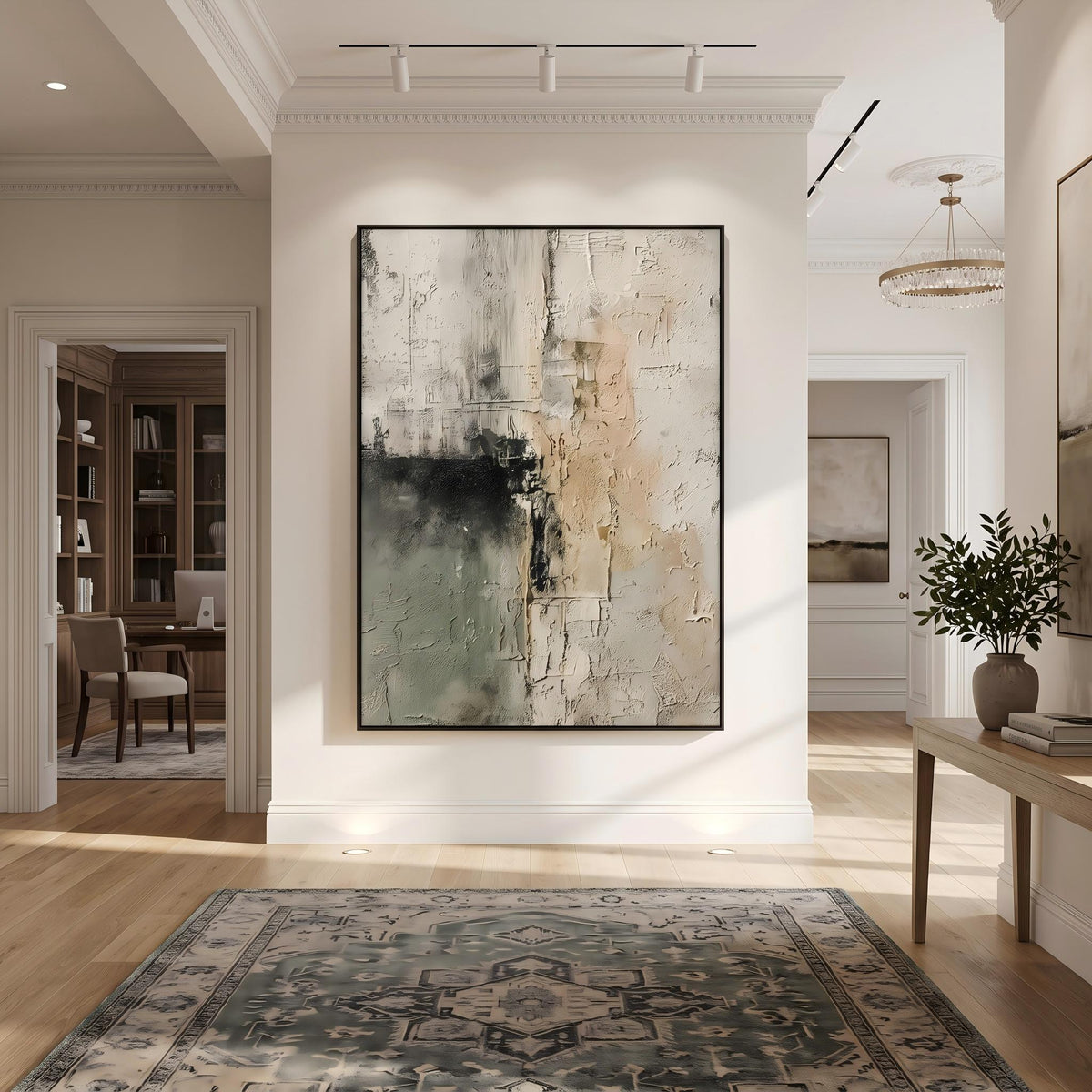 "Sage Green Beige Textured Abstract Wall" - Modern Heavy Impasto Abstract Artwork | Beige Palette Knife Painting | Luxury Vertical Wall Art #PT 2601