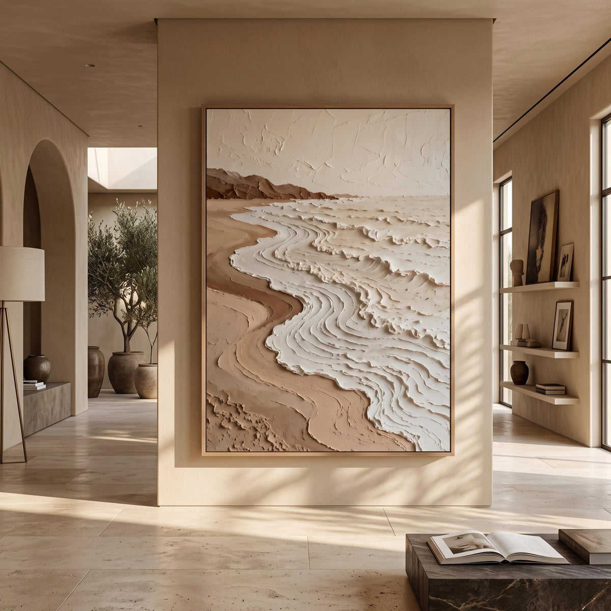 "Neutral Tones Stereoscopic Seaside Wall Decor" - Modern Heavy Impasto Coastal Landscape | Beige Palette Knife Painting | Luxury Vertical Wall Art #PT 2604