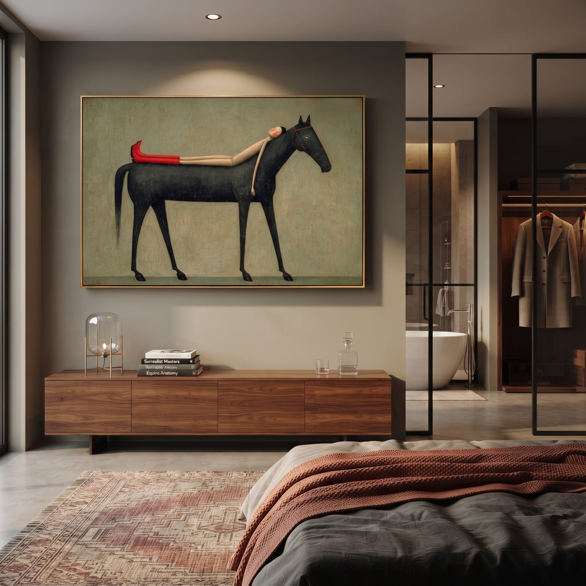 "Resting Figure Upon Black Stallion" – Modern Folk Surreal Impasto Art | 3D Muted Sage & Scarlet Palette Knife Painting | Luxury Horizontal Wall Art #PT 641