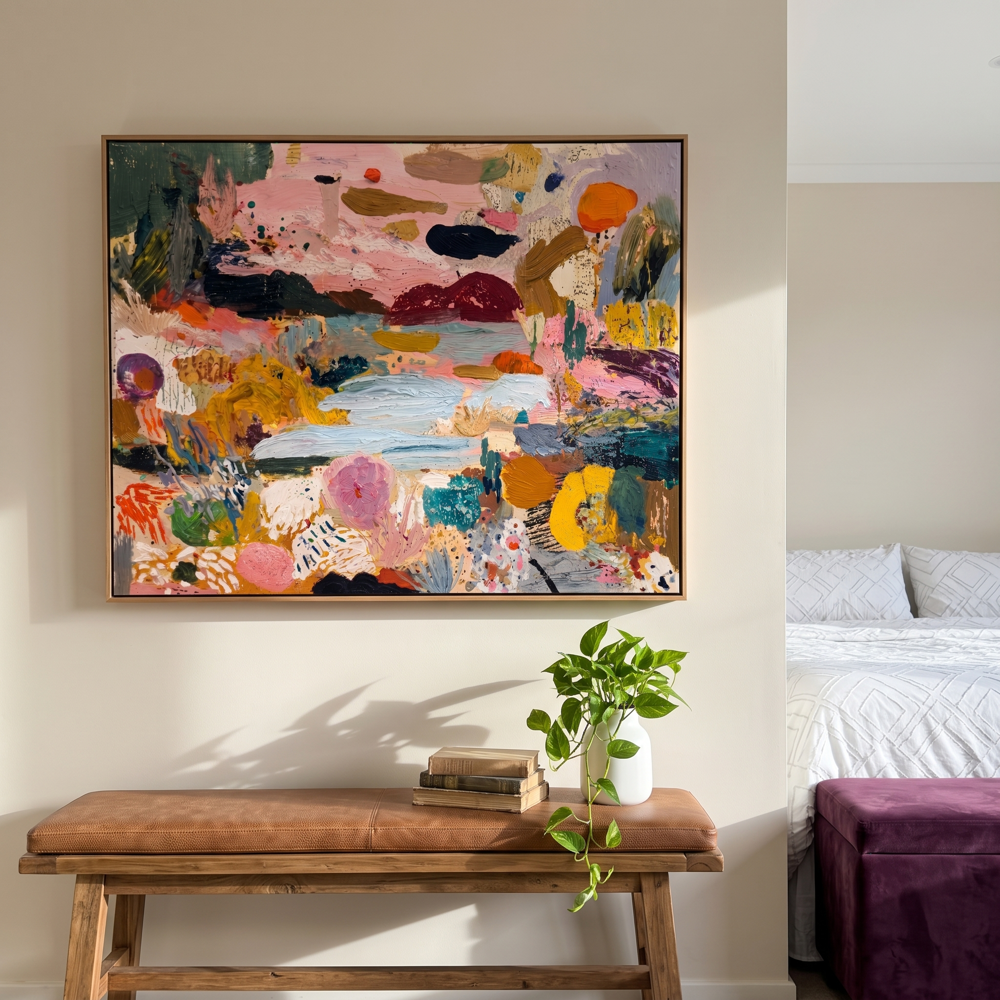 "Blooming River Garden" - Modern Heavy Impasto Abstract Landscape | Colorful Pink & Ochre Palette Knife Painting | Luxury Horizontal Wall Art #PT 594
