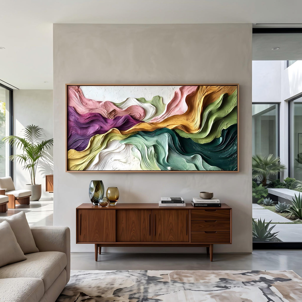 "Boho Flow Color Abstract" - Modern Heavy Impasto Abstract Artwork | Beige Palette Knife Painting | Luxury Horizontal Wall Art #PT 2605