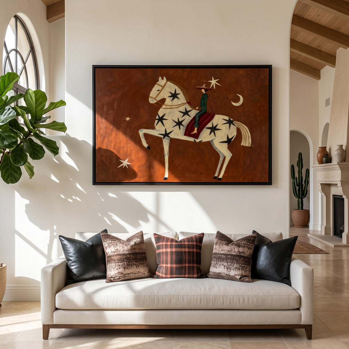 "Rust Red Stylized Horse With Moon & Stars" - Modern Heavy Impasto Western Animal Artwork | Orange Palette Knife Painting | Luxury Horizontal Wall Art #PT 2588