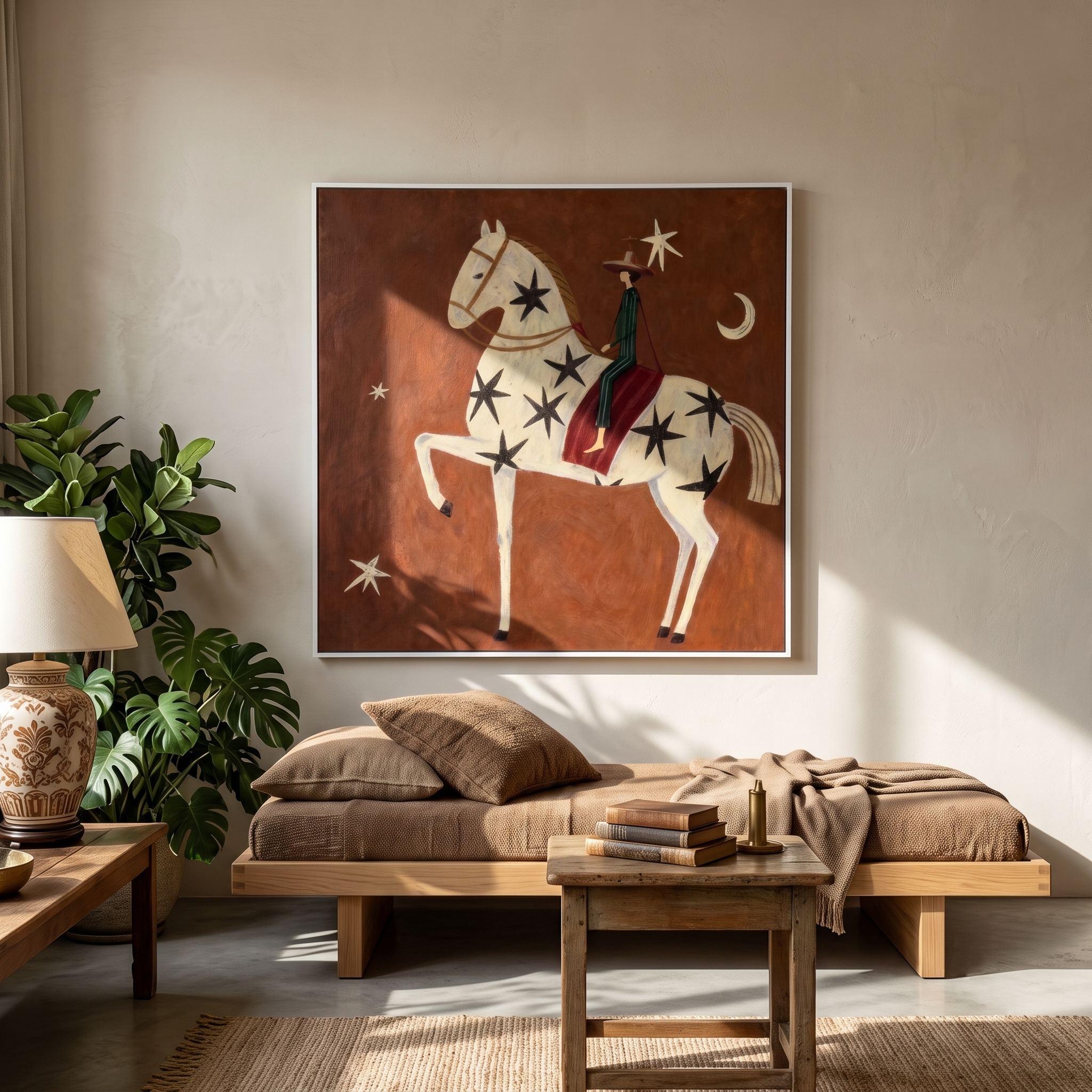 "Starry Midnight Cowboy Steed" – Modern Heavy Impasto Primitive Western Figurative | 3D Rust Umber & Soft Ivory Palette Knife Painting | Luxury Square Wall Art #AB 523