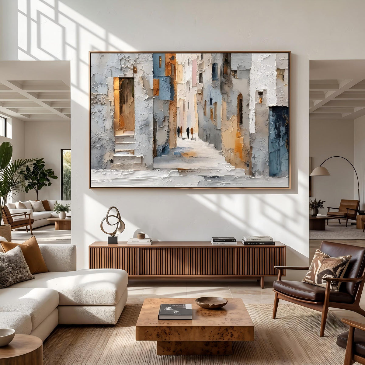 "European Old Town Street" - Modern Heavy Impasto Abstract Artwork | Beige & Grey Palette Knife Painting | Luxury Horizontal Wall Art #PT 2628