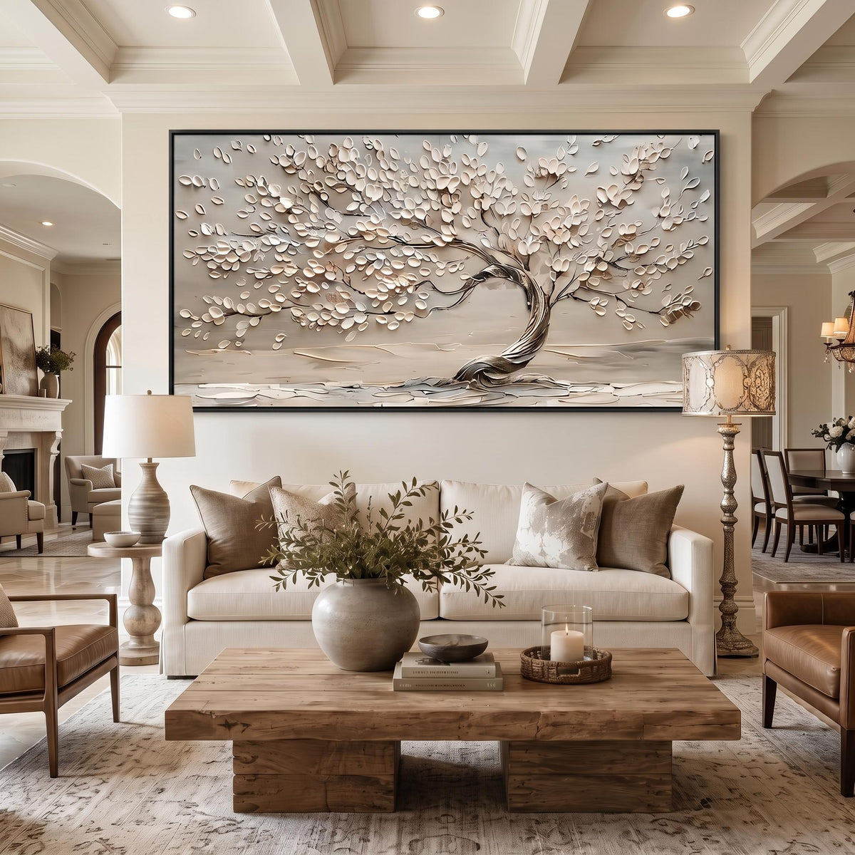 "Life Tree" - Modern Heavy Impasto Botanical Tree Artwork | White Palette Knife Painting | Luxury Horizontal Wall Art #PT 2613