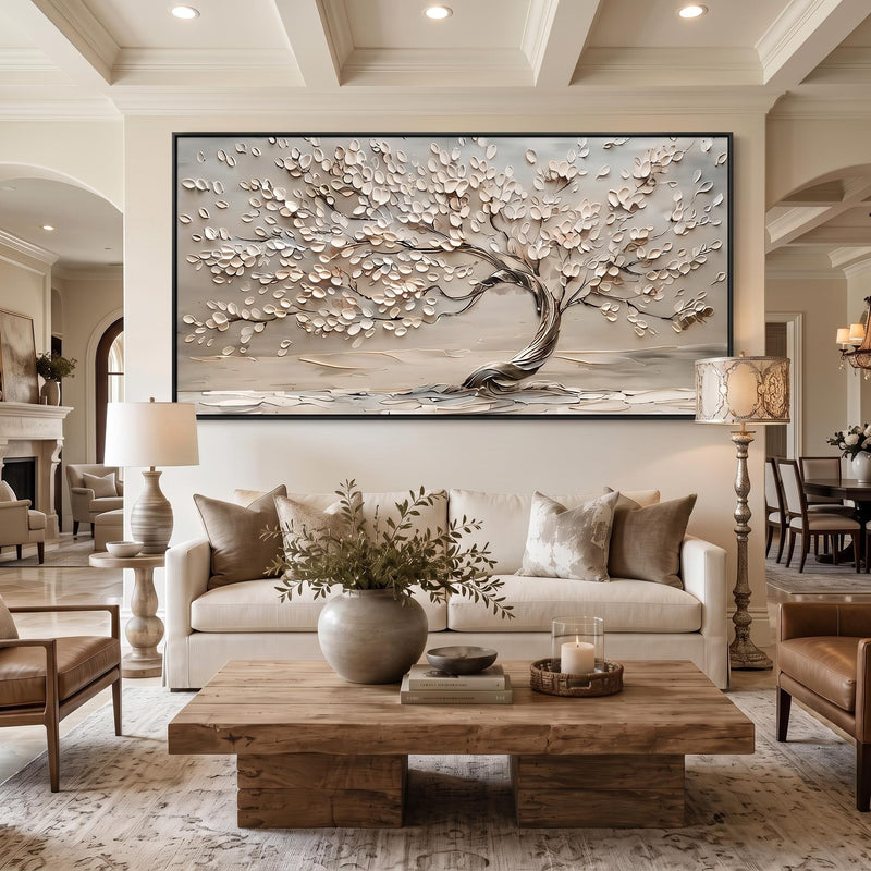 "Life Tree" - Modern Heavy Impasto Botanical Tree Artwork | White Palette Knife Painting | Luxury Horizontal Wall Art #PT 2613