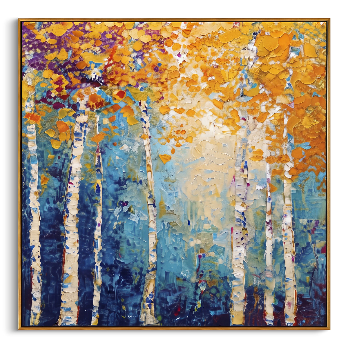 "Gallery Birch Golden Light" - Modern Heavy Impasto Botanical Tree Artwork | Yellow & Blue Palette Knife Painting | Luxury Square Wall Art #PT 2222