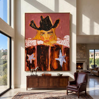 "Western Cowboy Girl" - Modern Heavy Impasto Western Animal Artwork | Orange Palette Knife Painting | Luxury Vertical Wall Art #PT 2647