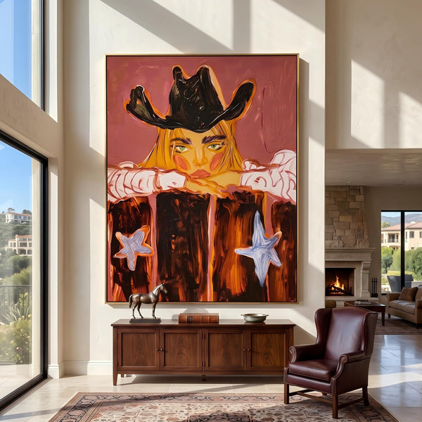 "Western Cowboy Girl" - Modern Heavy Impasto Western Animal Artwork | Orange Palette Knife Painting | Luxury Vertical Wall Art #PT 2647