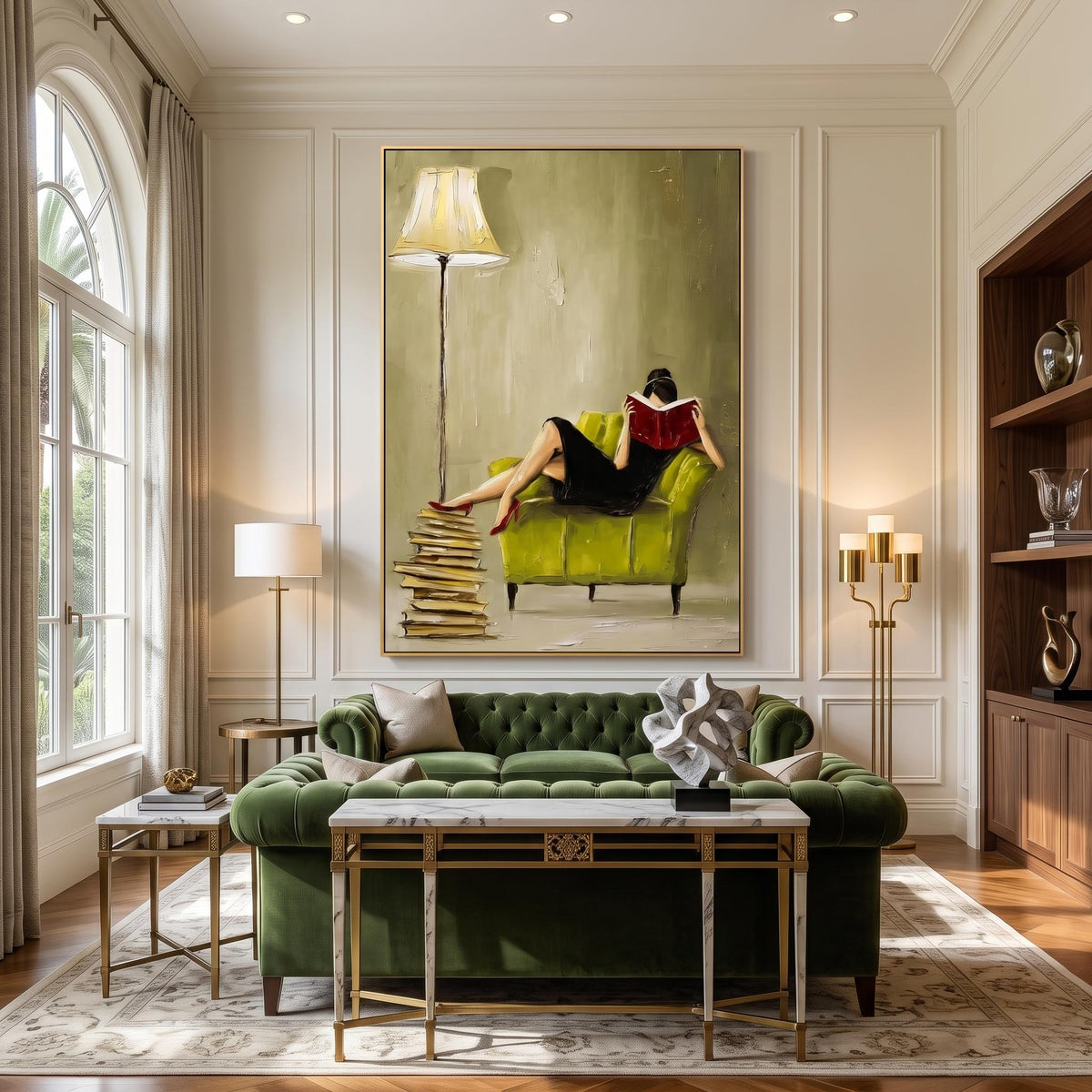 "Woman Reading" - Modern Heavy Impasto Abstract Artwork | Beige & Yellow Palette Knife Painting | Luxury Vertical Wall Art #PT 2611