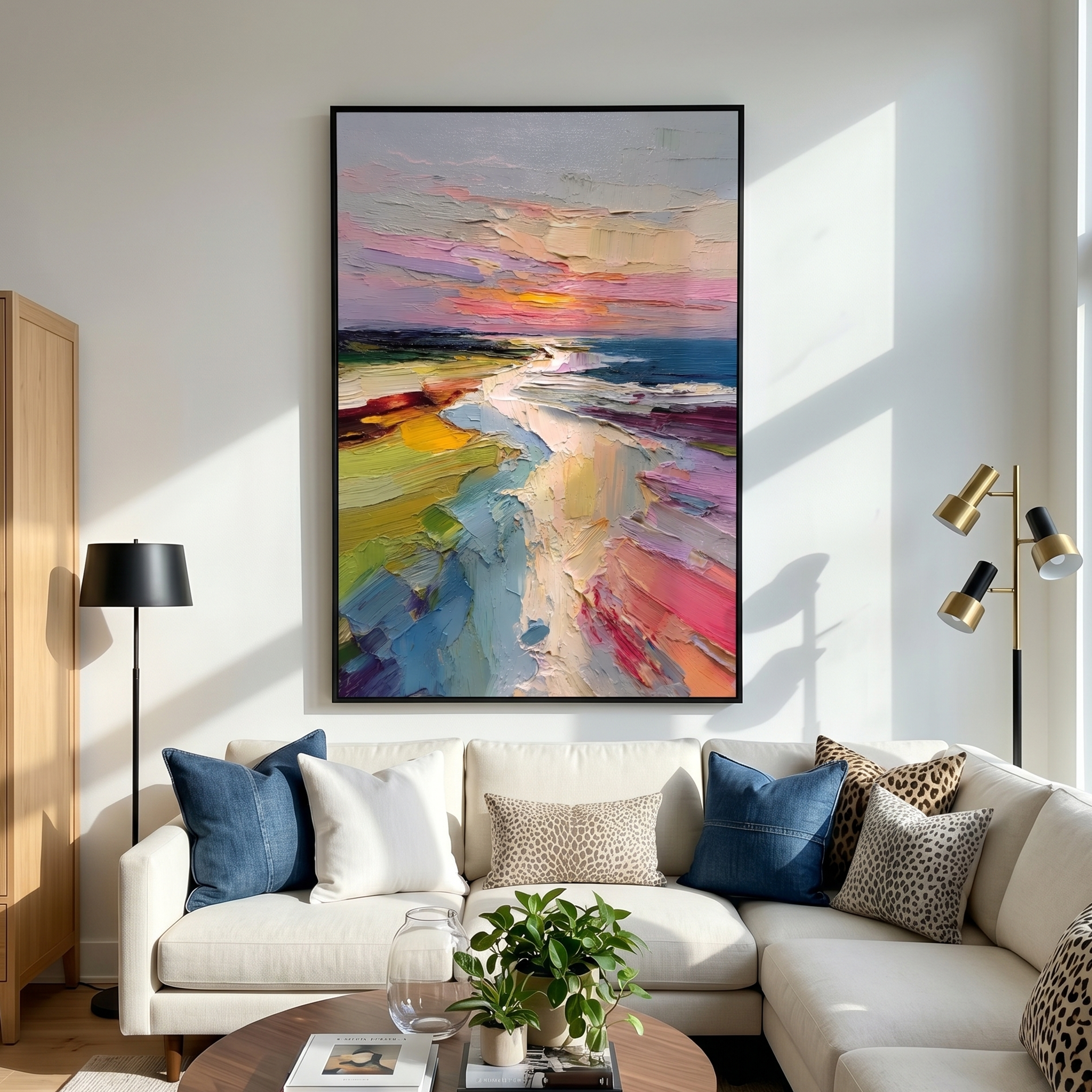 "Pastel Sunset Coastal Path" - Modern Heavy Impasto Impressionist Seascape | 3D Blush Pink & Mint Teal Palette Knife Painting | Luxury Vertical Wall Art #PT 586