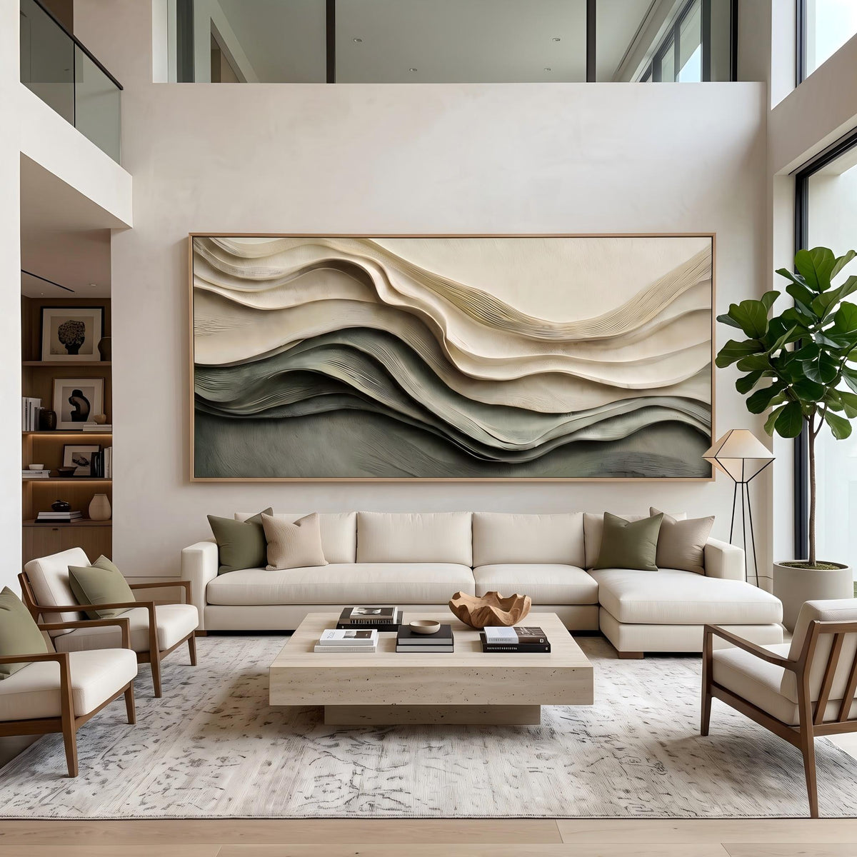"Layered Wave Abstract" - Modern Heavy Impasto Ocean Wave Seascape | Beige Palette Knife Painting | Luxury Horizontal Wall Art #PT 2600