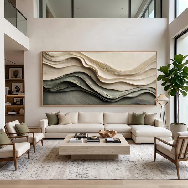 "Layered Wave Abstract" - Modern Heavy Impasto Ocean Wave Seascape | Beige Palette Knife Painting | Luxury Horizontal Wall Art #PT 2600