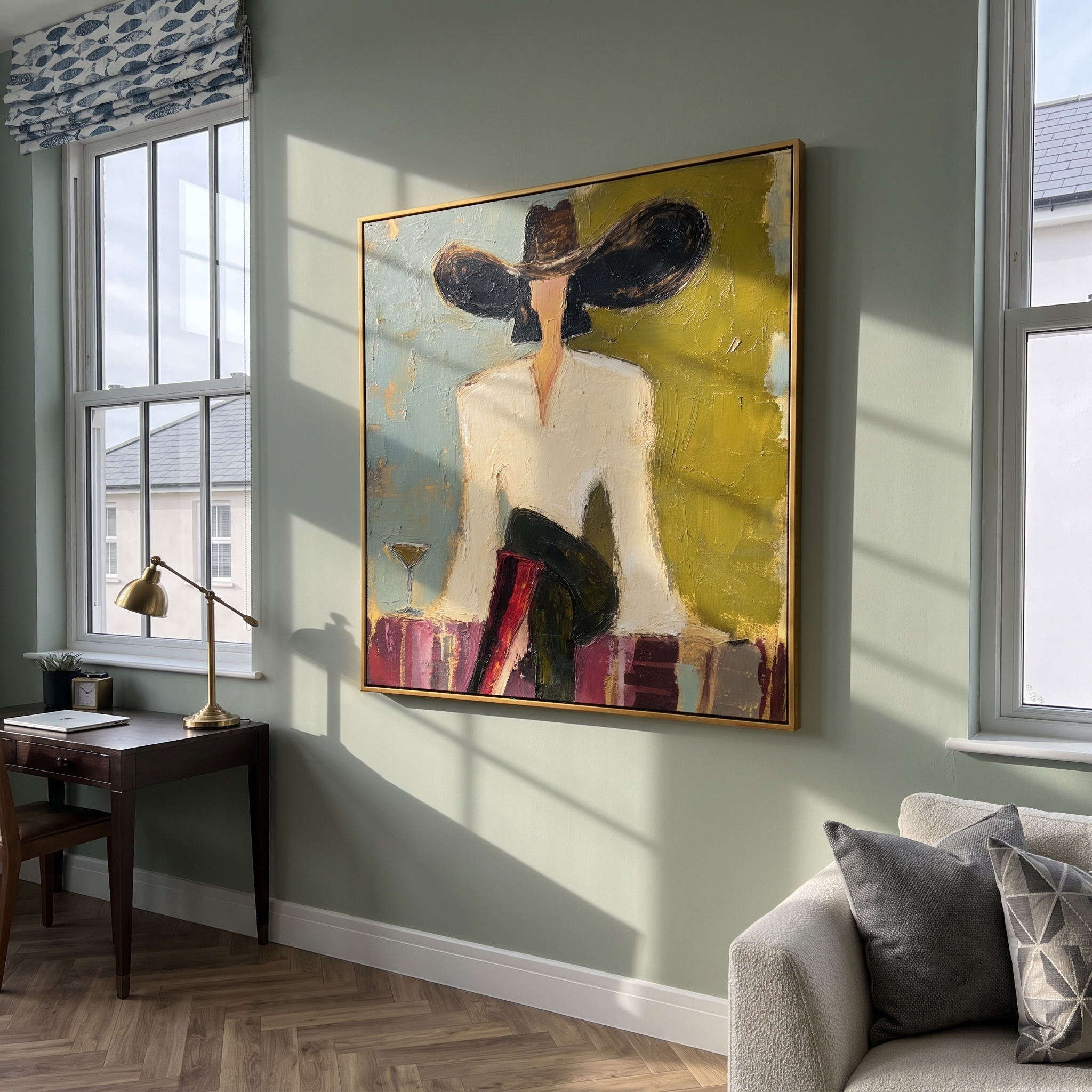 "Lounge Cowgirl With Martini" – Modern Heavy Impasto Retro Western Figurative | 3D Moss Olive & Dusty Teal Palette Knife Painting | Luxury Square Wall Art #AB 525