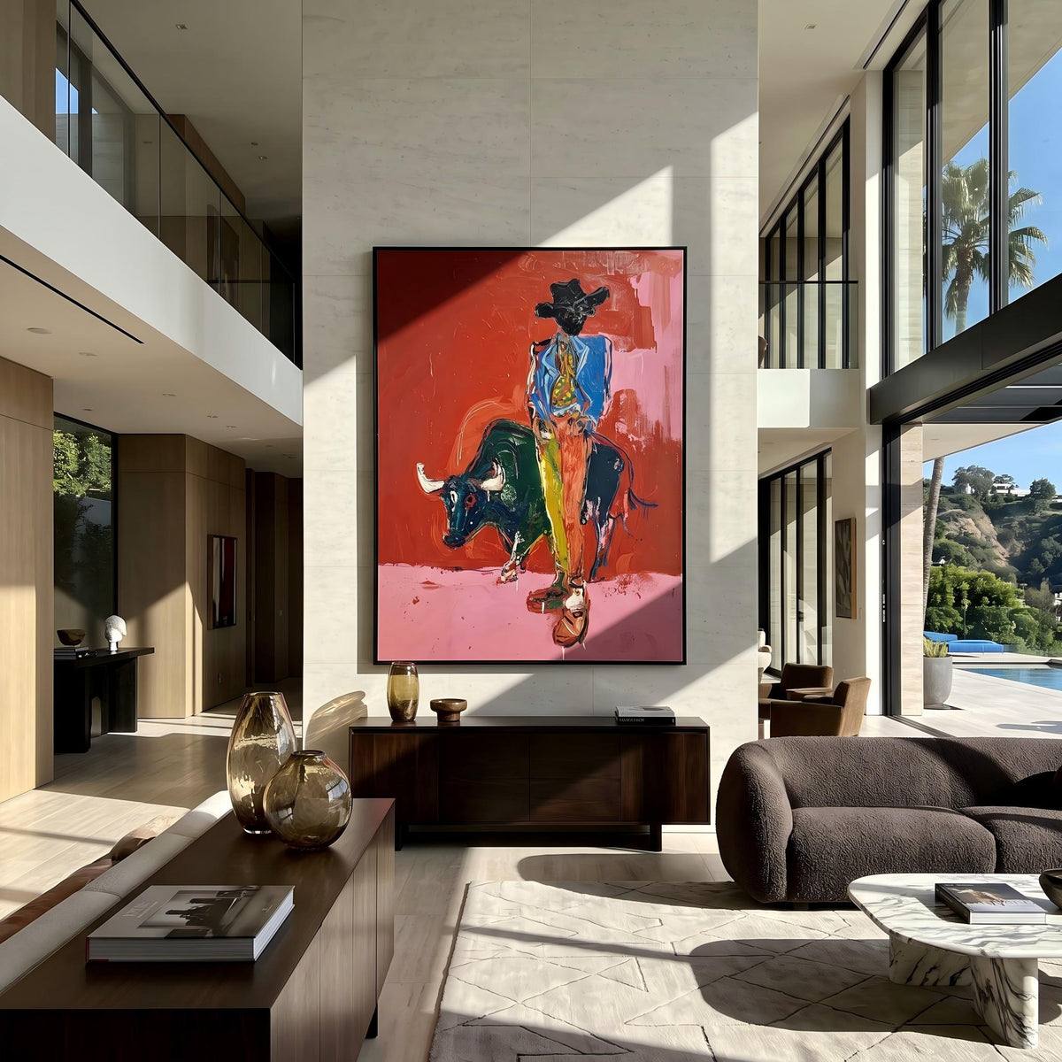 "Bullfighting Western Cowboy" - Modern Heavy Impasto Western Animal Artwork | Pink Palette Knife Painting | Luxury Vertical Wall Art #PT 2648
