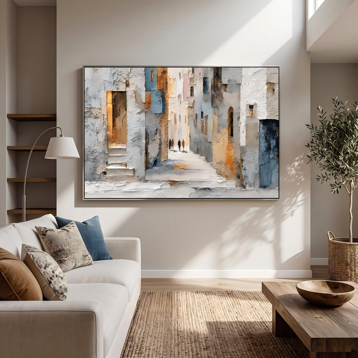 "European Old Town Street" - Modern Heavy Impasto Abstract Artwork | Beige & Grey Palette Knife Painting | Luxury Horizontal Wall Art #PT 2628