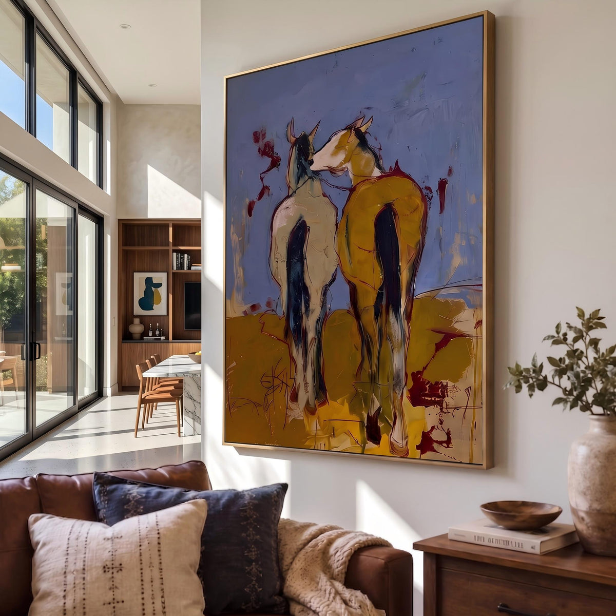 "Wild Companions" - Modern Heavy Impasto Western Animal Artwork | Yellow Palette Knife Painting | Luxury Vertical Wall Art #PT 2640