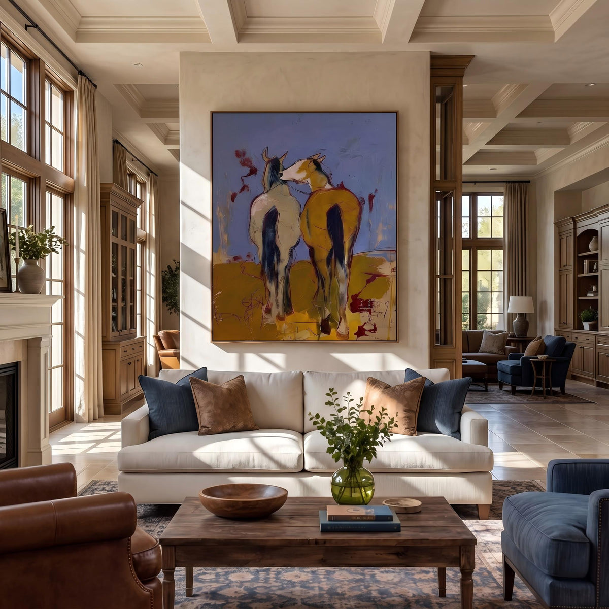 "Wild Companions" - Modern Heavy Impasto Western Animal Artwork | Yellow Palette Knife Painting | Luxury Vertical Wall Art #PT 2640