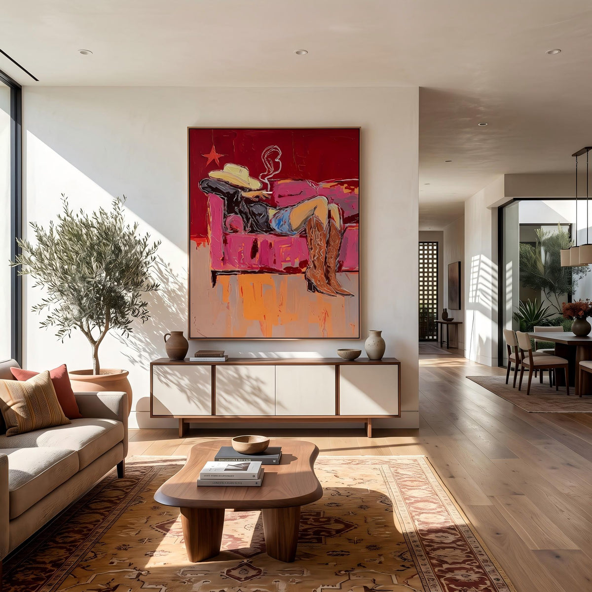 "Couch Western Cowgirl" - Modern Heavy Impasto Western Animal Artwork | Pink Palette Knife Painting | Luxury Vertical Wall Art #PT 2653