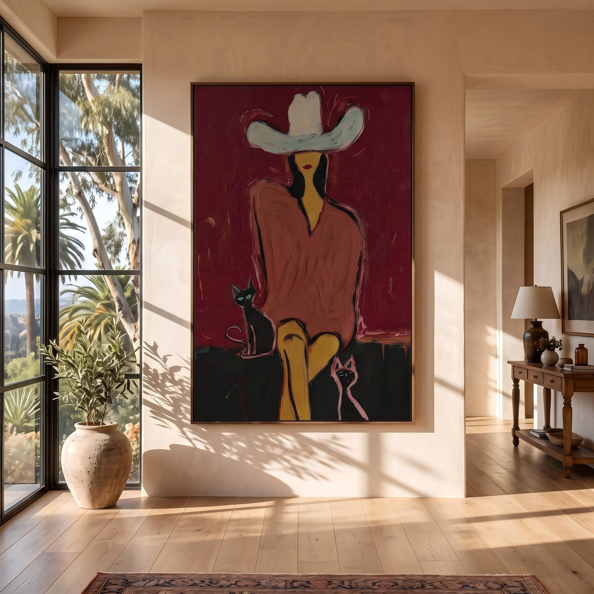 "Western Woman and Cat" - Modern Heavy Impasto Western Animal Artwork | Golden Palette Knife Painting | Luxury Vertical Wall Art #PT 2641