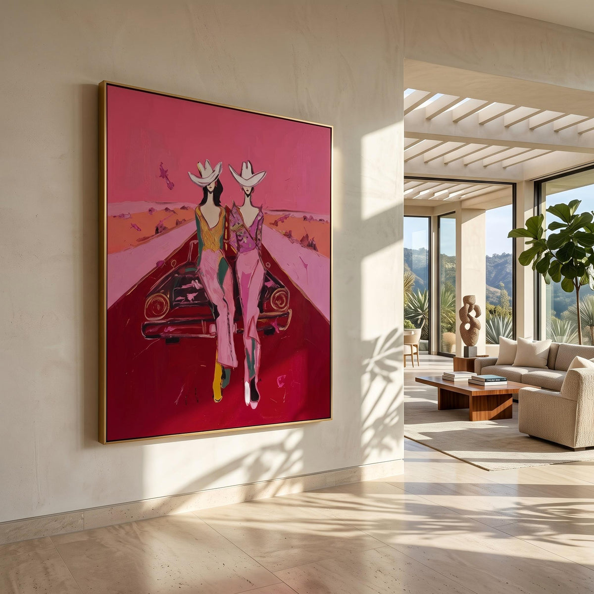 "Cowgirls on the Road" - Modern Heavy Impasto Abstract Artwork | Pink Palette Knife Painting | Luxury Vertical Wall Art #PT 2652
