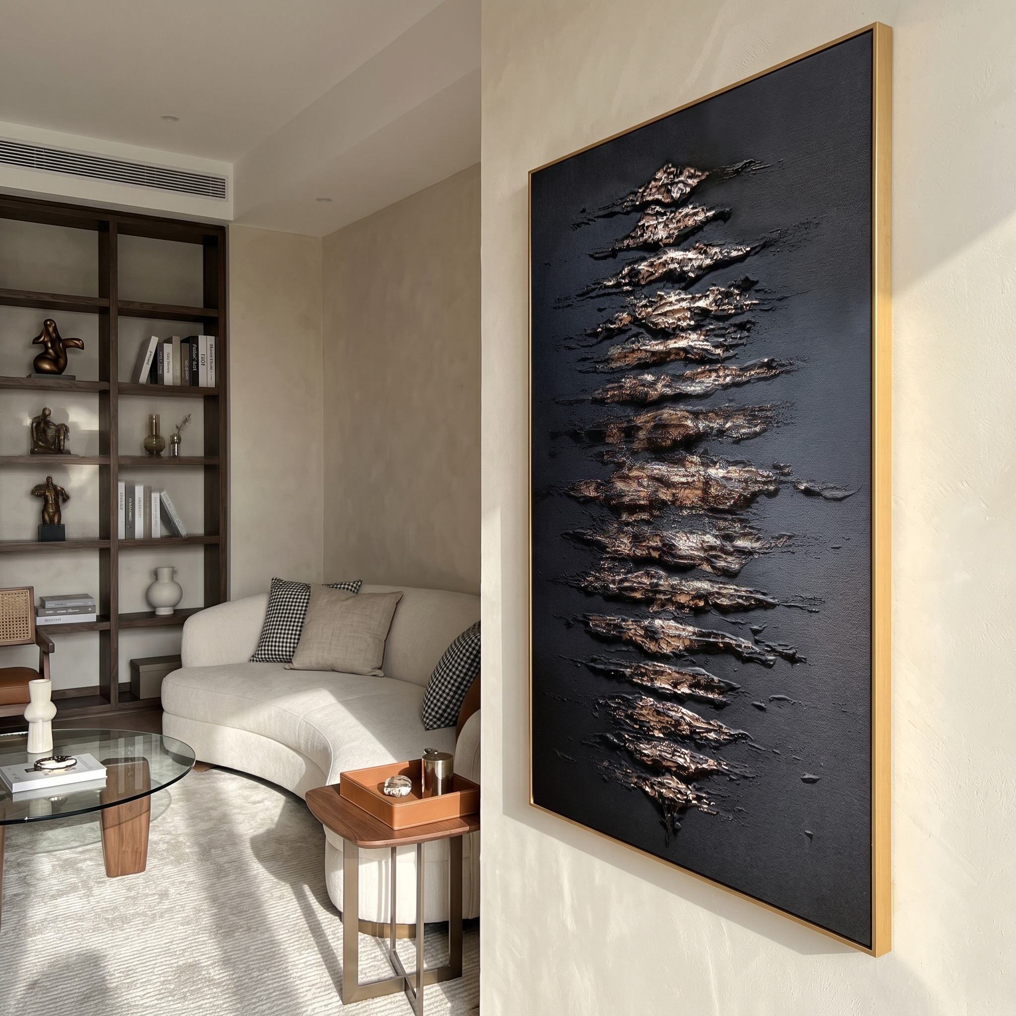 "Gilded Midnight Tide" - Modern Heavy Impasto Abstract Relief | 3D Matte Black & Metallic Gold Palette Knife Painting | Luxury Vertical Wall Art #WS 260
