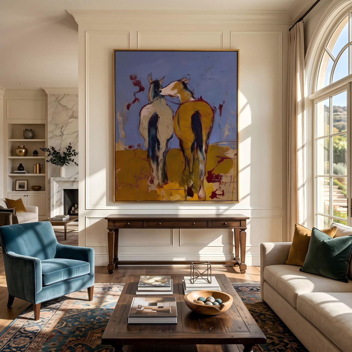 "Wild Companions" - Modern Heavy Impasto Western Animal Artwork | Yellow Palette Knife Painting | Luxury Vertical Wall Art #PT 2640