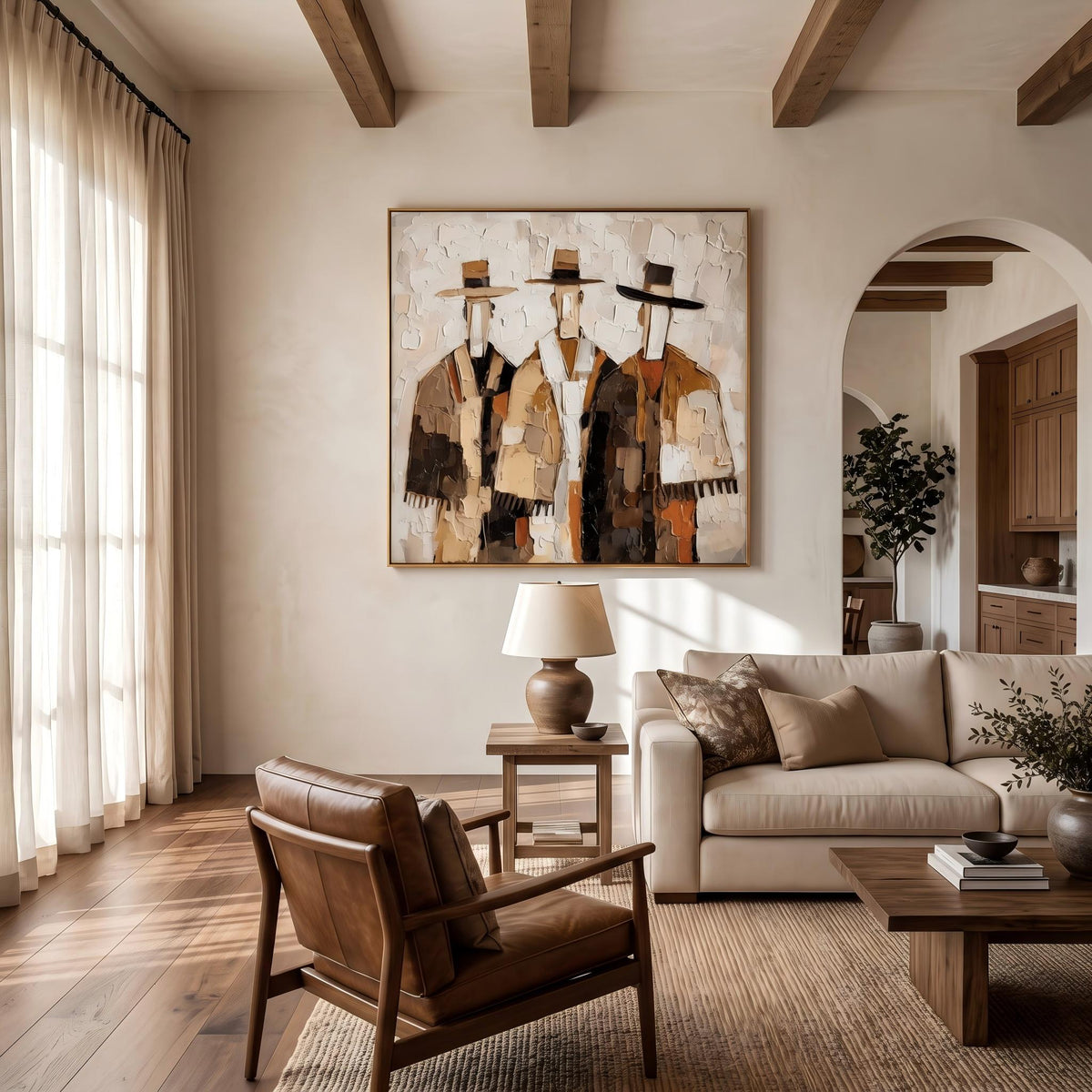 "Three Cowboys Impasto Wall" - Modern Heavy Impasto Abstract Artwork | Orange Palette Knife Painting | Luxury Square Wall Art #PT 2627