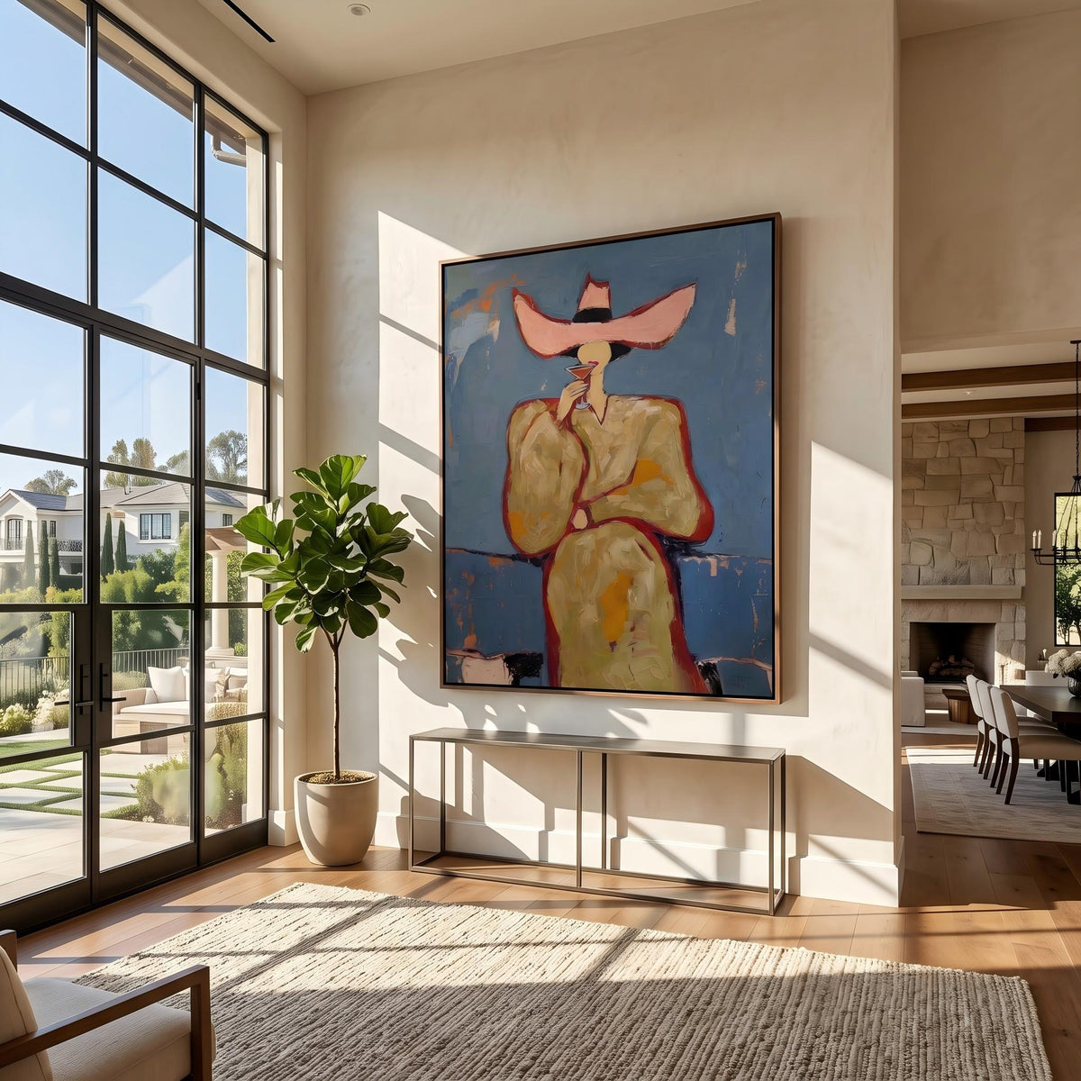 "Pink cowboy hat woman drinking cocktail" - Modern Heavy Impasto Western Animal Artwork | Golden & Orange Palette Knife Painting | Luxury Vertical Wall Art #PT 2643