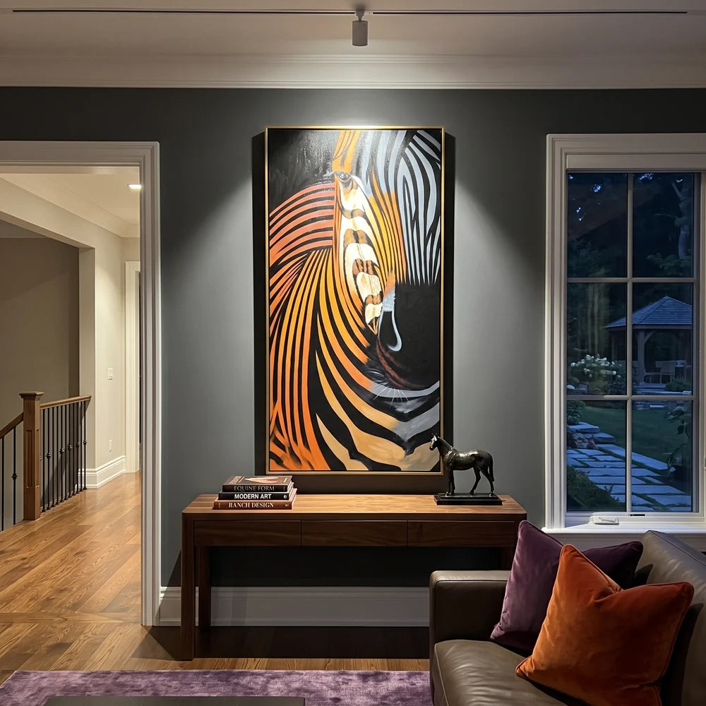 "Zebra Stripe Graphic Wall Painting" - Modern Heavy Impasto Western Animal Artwork | Black & White Palette Knife Painting | Luxury Vertical Wall Art #PT 638