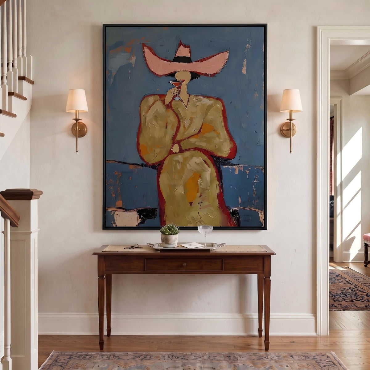 "Pink cowboy hat woman drinking cocktail" - Modern Heavy Impasto Western Animal Artwork | Golden & Orange Palette Knife Painting | Luxury Vertical Wall Art #PT 2643