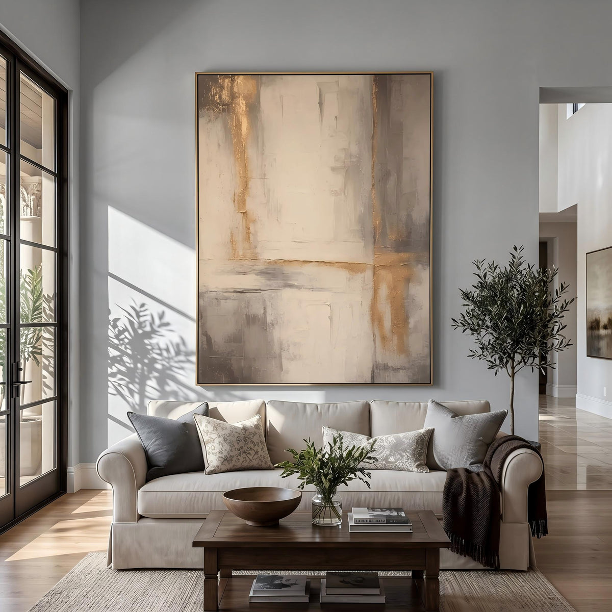 "Gold Foil Luxury" - Modern Heavy Impasto Abstract Artwork | Beige & White Palette Knife Painting | Luxury Vertical Wall Art #PT 2626