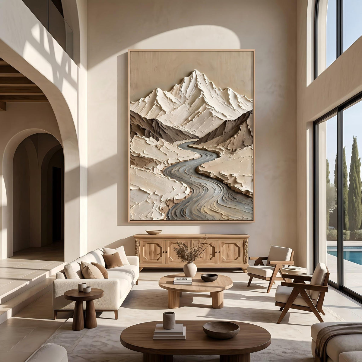 "Thick Impasto Mountain Valley" - Modern Heavy Impasto Landscape Artwork | Beige Palette Knife Painting | Luxury Vertical Wall Art #PT 2602