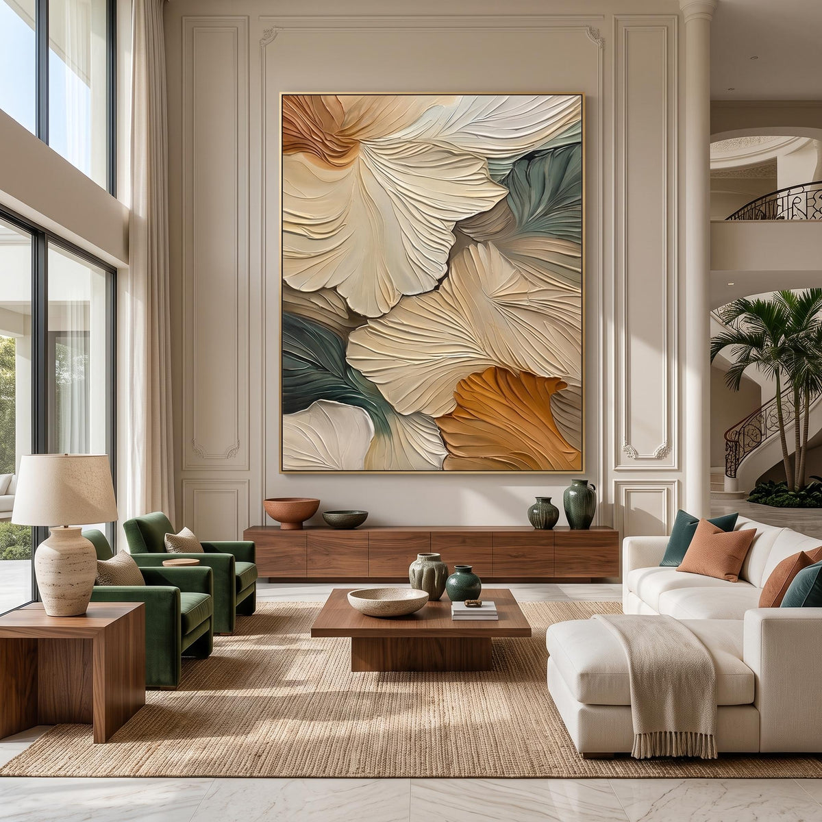 "Abstract Ginkgo Leaf" - Modern Heavy Impasto Botanical Tree Artwork | Beige Palette Knife Painting | Luxury Vertical Wall Art #PT 2615