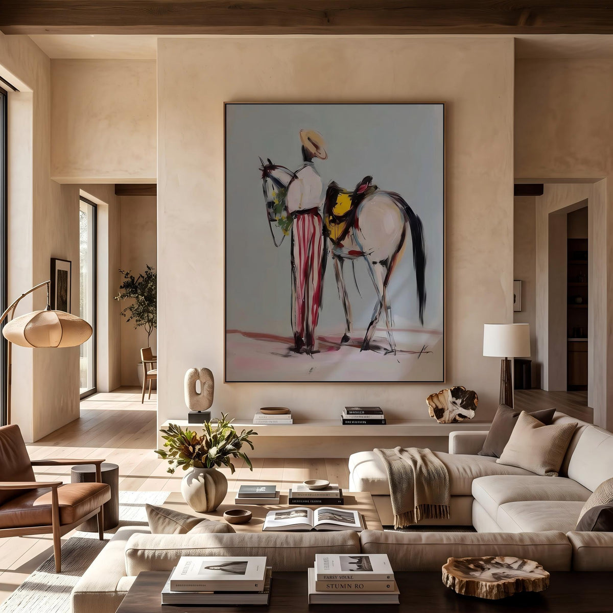 "Western Cowboy and Horse" - Modern Heavy Impasto Western Animal Artwork | White Palette Knife Painting | Luxury Vertical Wall Art #PT 2637