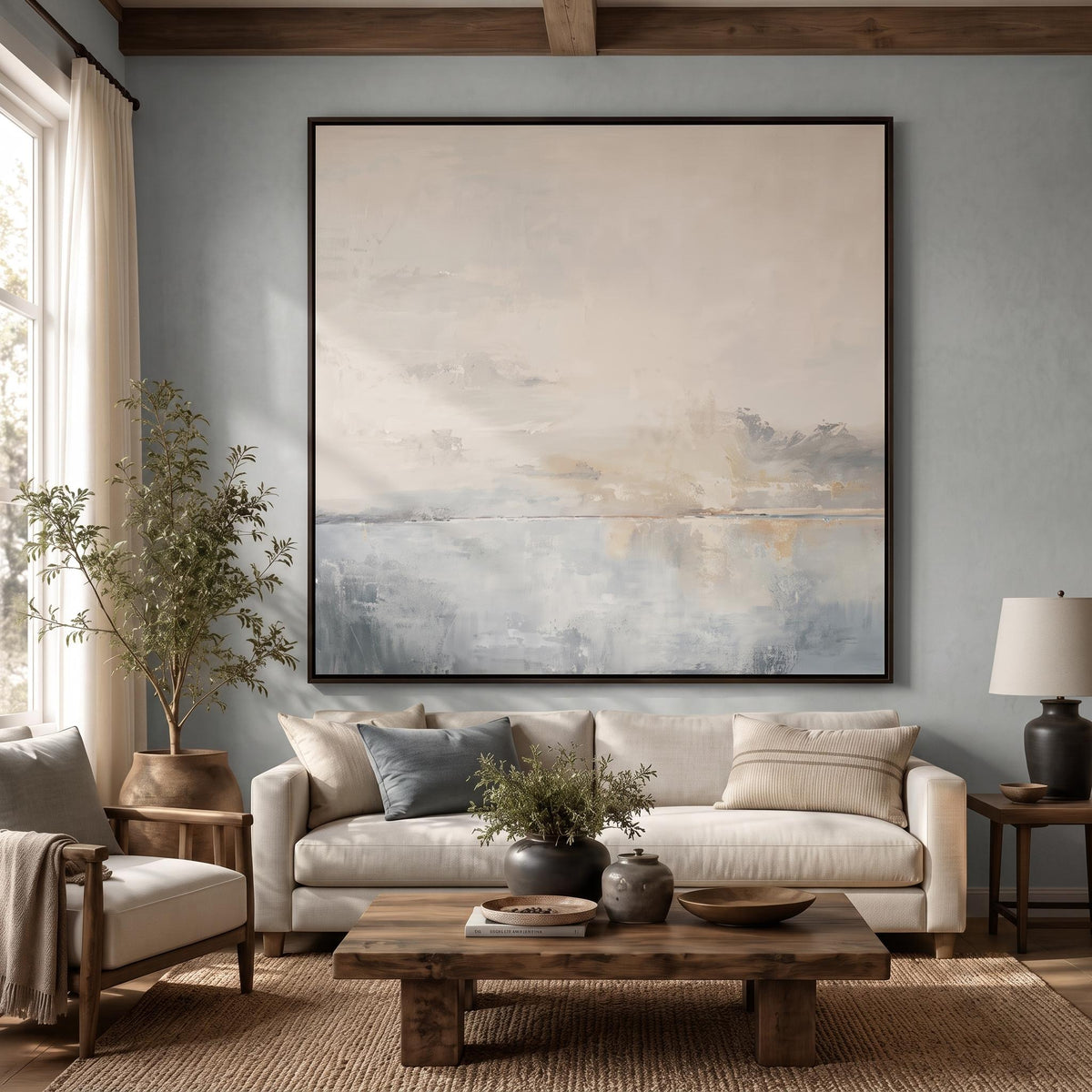 "Square Hazy Abstract Seascape" - Modern Heavy Impasto Coastal Landscape | Beige Palette Knife Painting | Luxury Square Wall Art #PT 2607