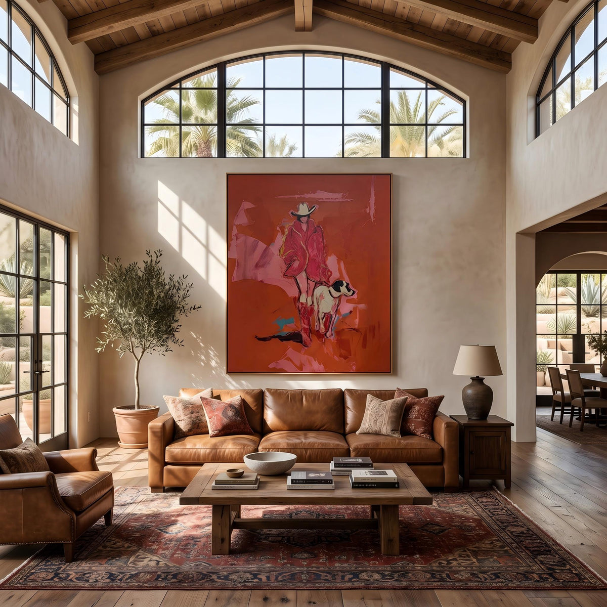 "Cowgirl and Dog" - Modern Heavy Impasto Dog Portrait Artwork | Pink Palette Knife Painting | Luxury Vertical Wall Art #PT 2650